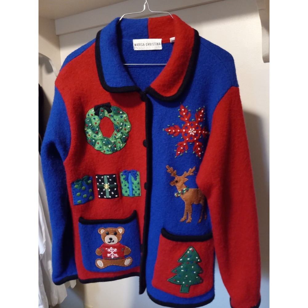 Ugly Christmas Sweater Cardigan‎ Button Colorblock Sz S Party Marisa Christina